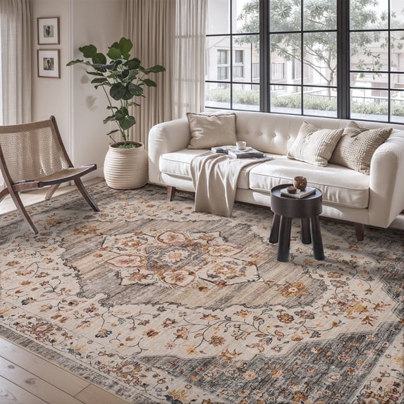 VUNATE 5'x7' Area Rugs for Living Room Washable Rugs Floral Vintage Area Rug Botanical Indoor Carpet Soft Rugs for Bedroom Office Dining Room Kitchen Accent Rug Contemporary Home Decor Taupe