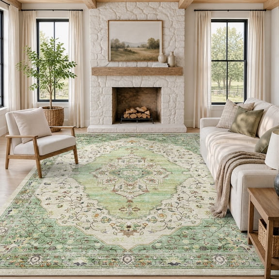 VUNATE 5'x7' Area Rugs for Living Room Washable Rugs Floral Vintage Area Rug Botanical Indoor Carpet Soft Rugs for Bedroom Office Dining Room Kitchen Accent Rug Contemporary Home Decor Green