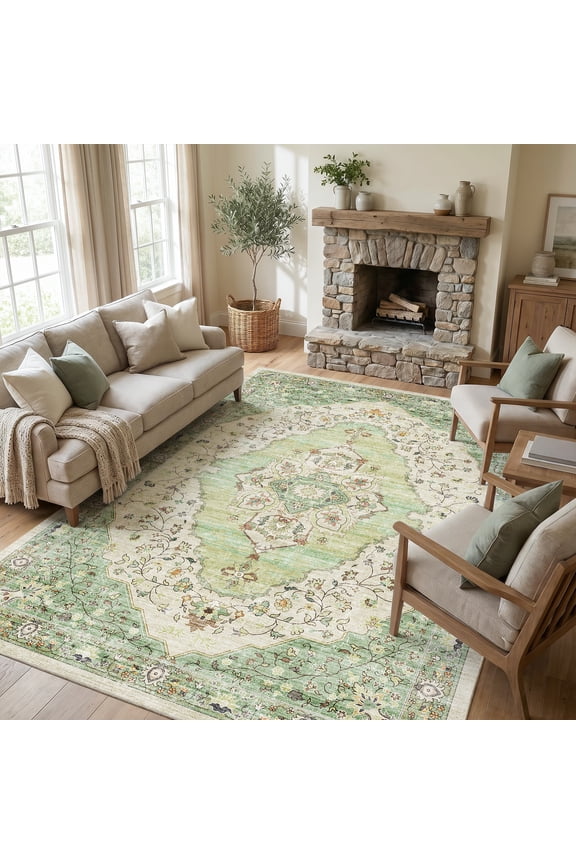 5'x7' Area Rugs for Living Room Washable Rugs Floral Vintage Area Rug Botanical Indoor Carpet Soft Rugs for Bedroom Office Dining Room Kitchen Accent Rug Contemporary Home Decor Green