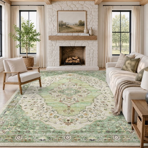VUNATE 5'x7' Area Rugs for Living Room Washable Rugs Floral Vintage Area Rug Botanical Indoor Carpet Soft Rugs for Bedroom Office Dining Room Kitchen Accent Rug Contemporary Home Decor Green