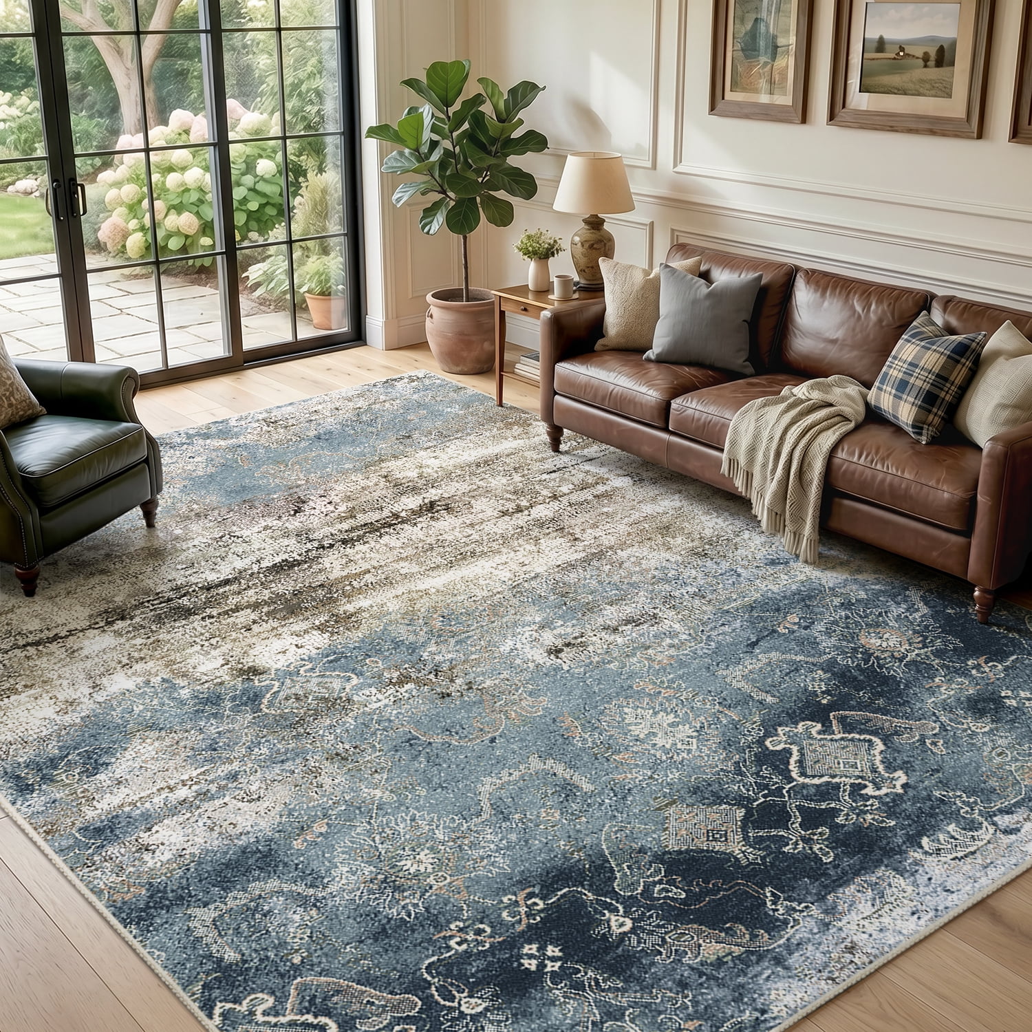 VUNATE 6'x9' Area Rugs for Living Room Machine Washable Rugs Abstract Vintage Distressed Indoor Rug Carpet Soft Lightweight Large Area Rug for Bedroom Dining Room Kitchen Foldable Nonslip Rug Blue