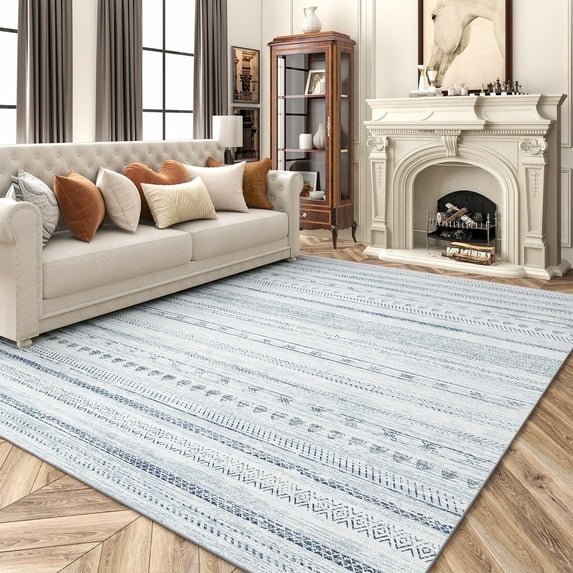 VUNATE 6'x9' Area Rugs for Living Room Washable Rugs Boho Moroccan Area Rug Soft Neutral Geometric Bohemian Carpet Distressed Indoor Rug for Bedroom Dining Room Office Foldable Nonslip Rug Blue