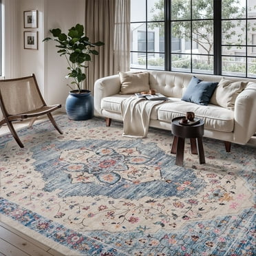 VUNATE 6x9 Area Rugs for Living Room Washable Rugs Floral Vintage Area Rug Botanical Indoor Carpet Soft Rugs for Bedroom Office Dining Room Kitchen Accent Rug Contemporary Home Decor Blue