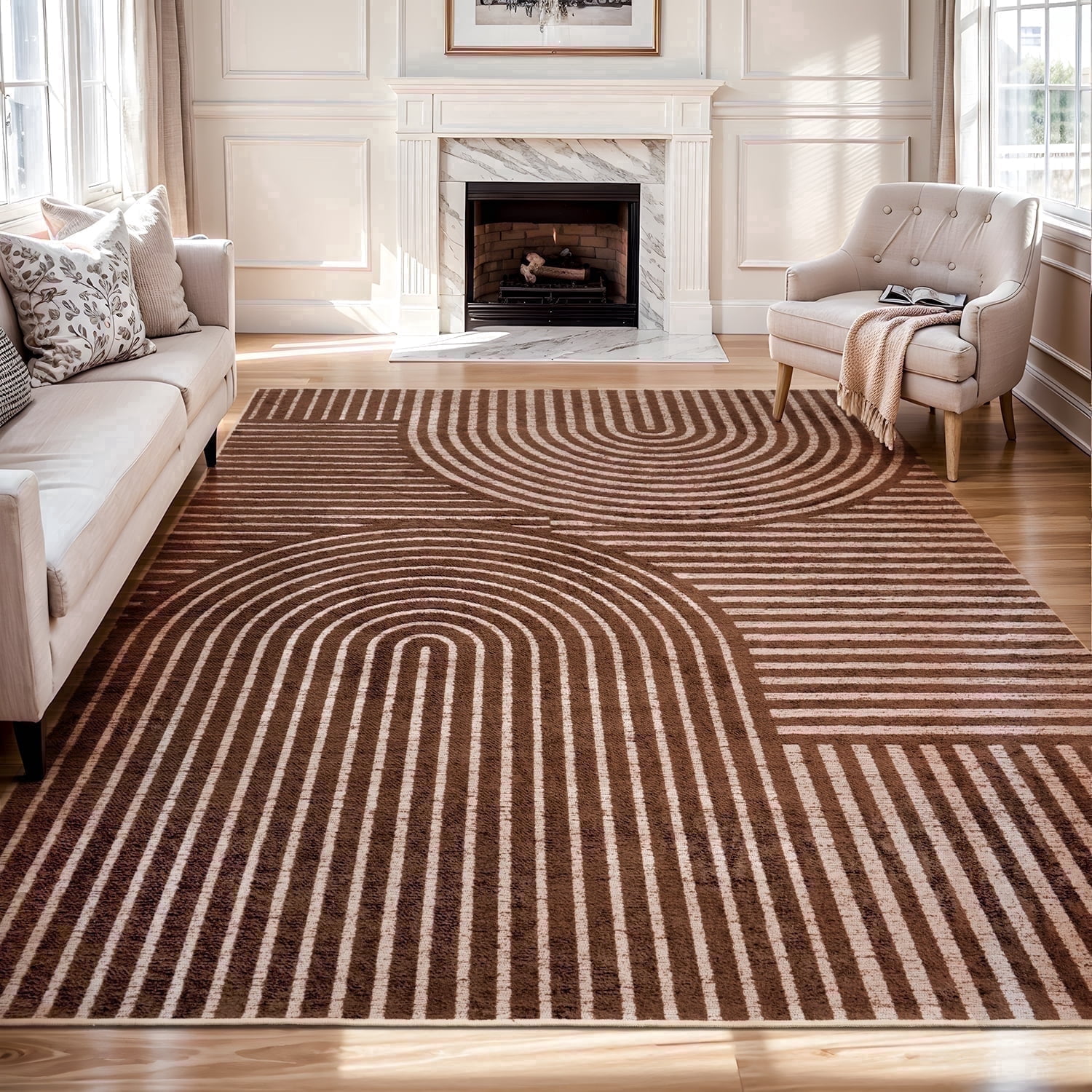 VUNATE 8'x10' Area Rugs for Living Room Jacquard Textured Modern Rugs Soft Geometric Rug for Bedroom Mid Century Washable Rug Non-Slip Bohemian Carpet Perfect for Dining Room Office Brown