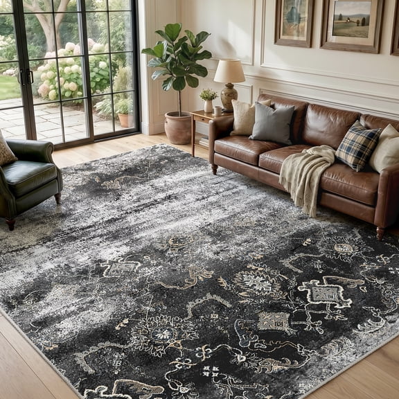 VUNATE 8'x10' Area Rugs for Living Room Machine Washable Rugs Abstract Vintage Distressed Indoor Rug Carpet Soft Lightweight Large Area Rug for Bedroom Dining Room Kitchen Nonslip Rug Black and Gray