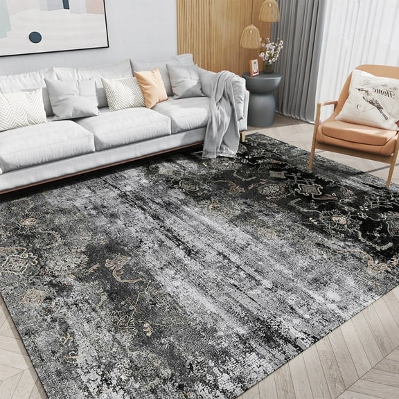 VUNATE 8'x10' Area Rugs for Living Room Machine Washable Rugs Abstract Vintage Distressed Indoor Rug Carpet Soft Lightweight Large Area Rug for Bedroom Dining Room Kitchen Nonslip Rug Black and Gray