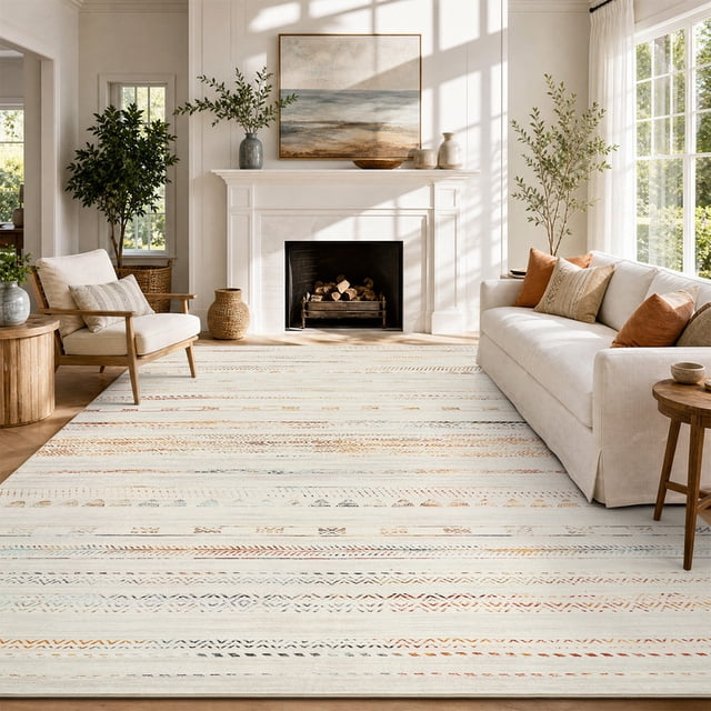 VUNATE 8'x10' Rugs for Living Room Washable Rugs Boho Moroccan Large Area Rug Soft Neutral Geometric Bohemian Carpet Distressed Indoor Rug for Bedroom Dining Room Office Foldable Nonslip Rug Colorful