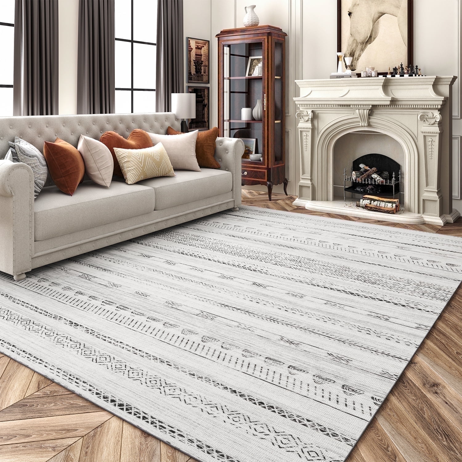 VUNATE 8'x10' Rugs for Living Room Washable Rugs Boho Moroccan Large Area Rug Soft Neutral Geometric Bohemian Carpet Distressed Indoor Rug for Bedroom Dining Room Office Foldable Nonslip Rug Black