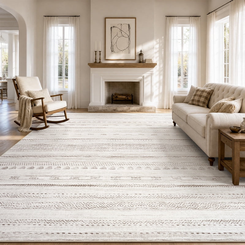 VUNATE 8'x10' Rugs for Living Room Washable Rugs Boho Moroccan Large Area Rug Soft Neutral Geometric Bohemian Carpet Distressed Indoor Rug for Bedroom Dining Room Office Foldable Nonslip Rug Coffee