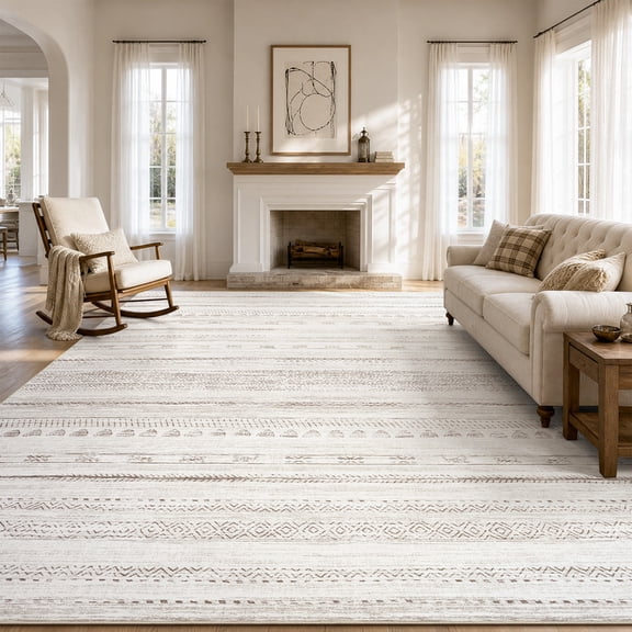 VUNATE 8'x10' Rugs for Living Room Washable Rugs Boho Moroccan Large Area Rug Soft Neutral Geometric Bohemian Carpet Distressed Indoor Rug for Bedroom Dining Room Office Foldable Nonslip Rug Coffee