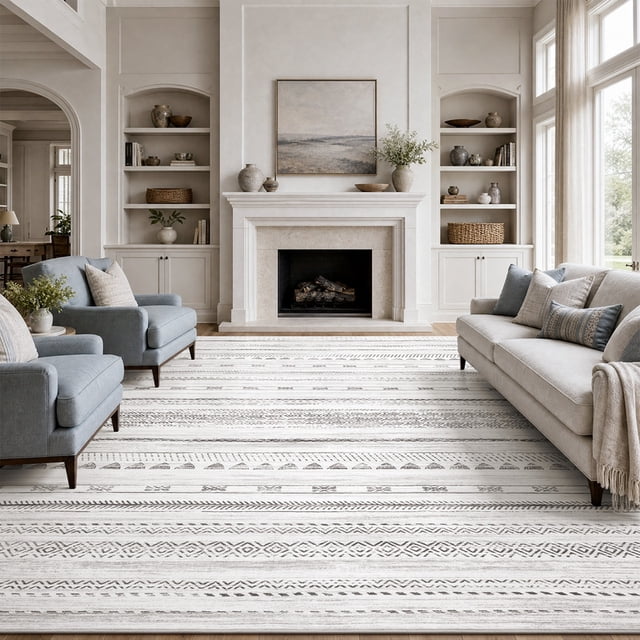 VUNATE 8'x10' Rugs for Living Room Washable Rugs Boho Moroccan Large Area Rug Soft Neutral Geometric Bohemian Carpet Distressed Indoor Rug for Bedroom Dining Room Office Foldable Nonslip Rug Black