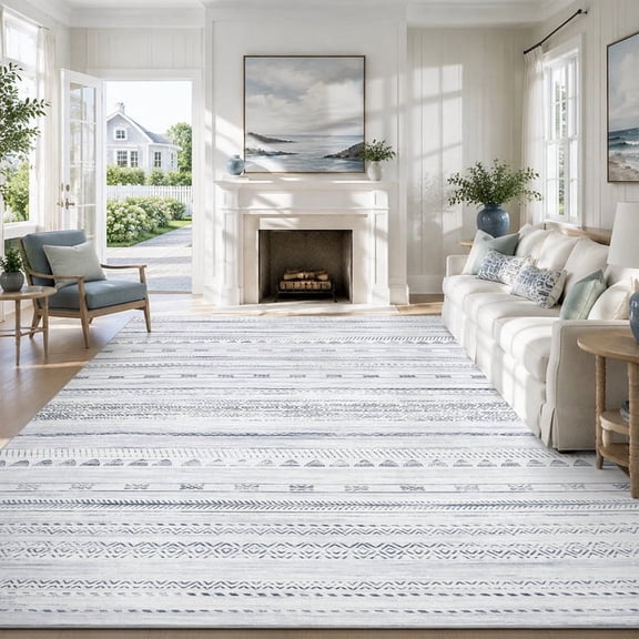 VUNATE 8'x10' Rugs for Living Room Washable Rugs Boho Moroccan Large Area Rug Soft Neutral Geometric Bohemian Carpet Distressed Indoor Rug for Bedroom Dining Room Office Foldable Nonslip Rug Blue