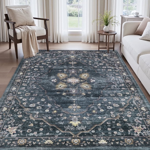 VUNATE 8'x10' Rugs for Living Room Washable Rugs Floral Vintage Area Rug Botanical Indoor Carpet Soft Rugs for Bedroom Office Dining Room Kitchen Laundry Room Accent Rug Contemporary Home Decor Navy