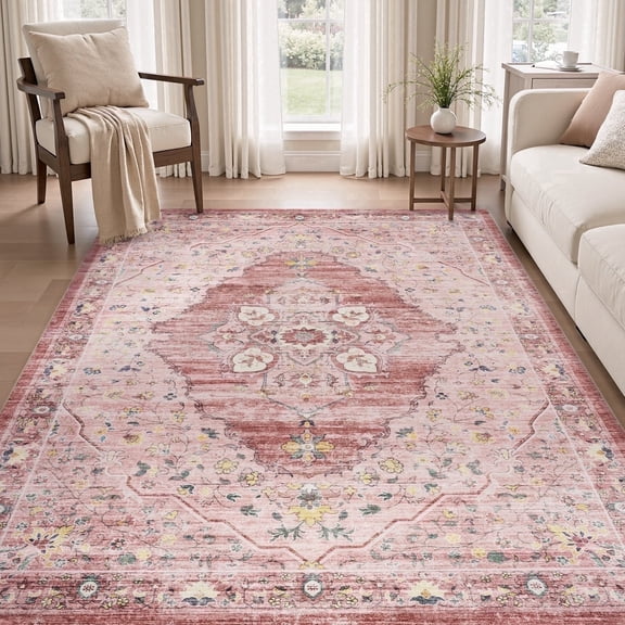 VUNATE 8'x10' Rugs for Living Room Washable Rugs Floral Vintage Area Rug Botanical Indoor Carpet Soft Rugs for Bedroom Office Dining Room Kitchen Laundry Room Accent Rug Contemporary Home Decor Pink