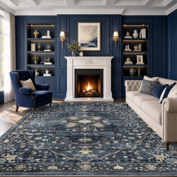 VUNATE 8'x10' Rugs for Living Room Washable Rugs Floral Vintage Area Rug Botanical Indoor Carpet Soft Rugs for Bedroom Office Dining Room Kitchen Laundry Room Accent Rug Contemporary Home Decor Navy