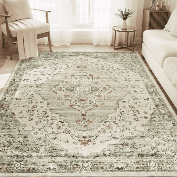VUNATE 8'x10' Rugs for Living Room Washable Rugs Floral Vintage Area Rug Botanical Indoor Carpet Soft Rugs for Bedroom Office Dining Room Kitchen Laundry Room Accent Rug Contemporary Home Decor Green
