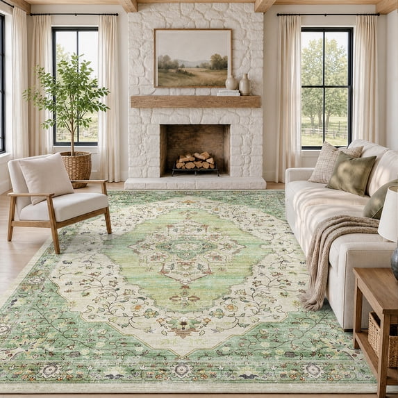 VUNATE 8'x10' Rugs for Living Room Washable Rugs Floral Vintage Area Rug Botanical Indoor Carpet Soft Rugs for Bedroom Office Dining Room Kitchen Laundry Room Accent Rug Contemporary Home Decor Green