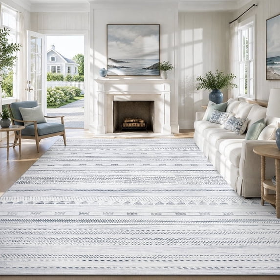 VUNATE 9' x 12' Area Rugs for Living Room, Washable Moroccan Boho Geometric Rug, Soft Neutral Distressed Indoor Carpet for Bedroom, Dining Room & Office, Foldable Non-Slip, Blue