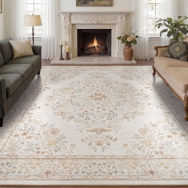 VUNATE Vintage Botanical Floral Printed Area Rug 6'x9' Soft Washable Non Slip Low Pile Rug for Living Room Bedroom Dining Room Home Decor Indoor Carpet with Blossom Design Beige