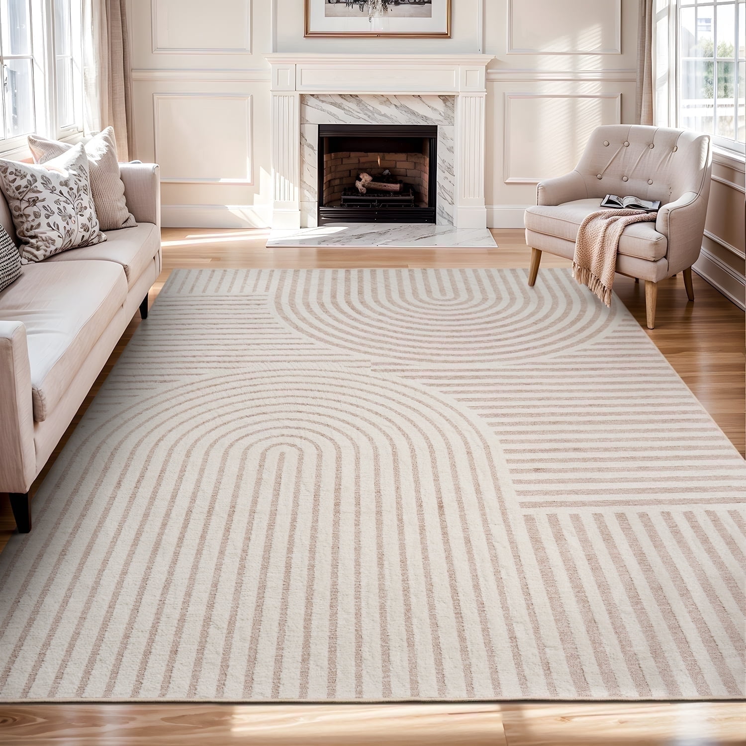VUNATE 9'x12' Area Rugs for Living Room Jacquard Textured Modern Rugs Soft Geometric Rug for Bedroom Mid Century Washable Rug Non-Slip Bohemian Carpet Perfect for Dining Room Office Beige