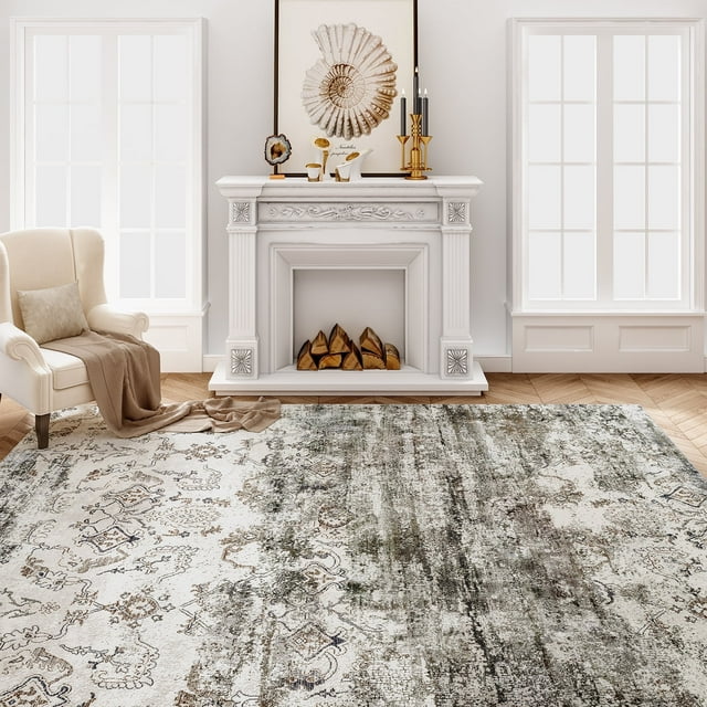 VUNATE 9'x12' Area Rugs for Living Room Machine Washable Rugs Abstract Vintage Distressed Indoor Rug Carpet Soft Lightweight Large Area Rug for Bedroom Dining Room Kitchen Foldable Nonslip Rug Taupe