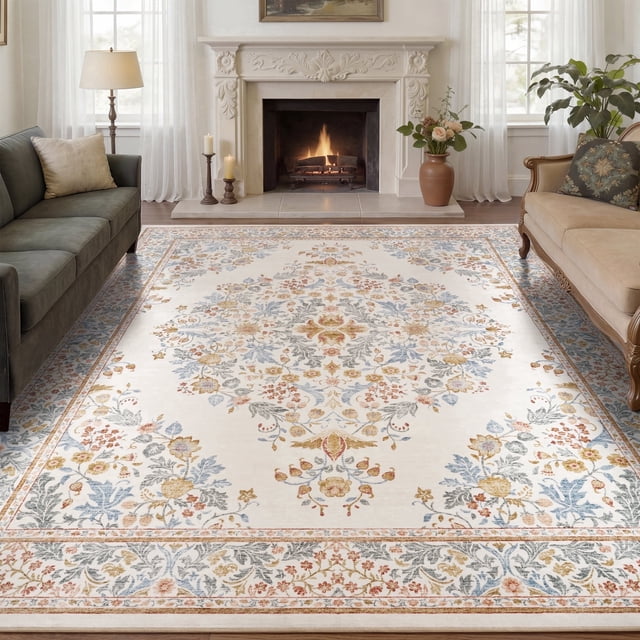 VUNATE Vintage Botanical Floral Printed Area Rug 9'x12' Soft Washable Non Slip Low Pile Rug for Living Room Bedroom Dining Room Home Decor Indoor Carpet with Blossom Design Colorful