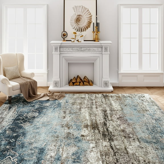VUNATE 9'x12' Area Rugs for Living Room Machine Washable Rugs Abstract Vintage Distressed Indoor Rug Carpet Soft Lightweight Large Area Rug for Bedroom Dining Room Kitchen Foldable Nonslip Rug Blue