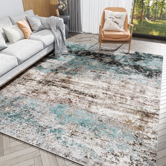 VUNATE 9'x12' Area Rugs for Living Room Machine Washable Rugs Abstract Vintage Distressed Indoor Rug Carpet Soft Lightweight Large Area Rug for Bedroom Dining Room Kitchen Foldable Nonslip Rug Teal