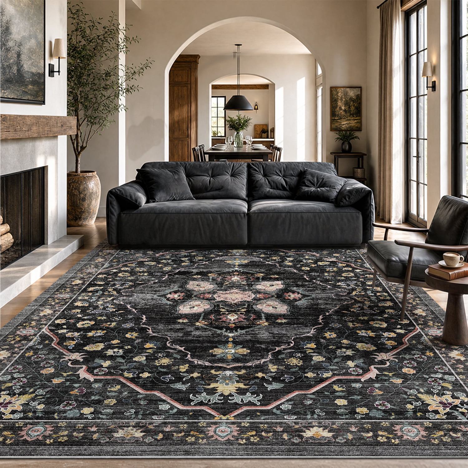 VUNATE 9'x12' Area Rugs for Living Room Washable Rugs Floral Vintage Area Rug Botanical Indoor Carpet Soft Rugs for Bedroom Office Dining Room Kitchen Accent Rug Contemporary Home Decor Black