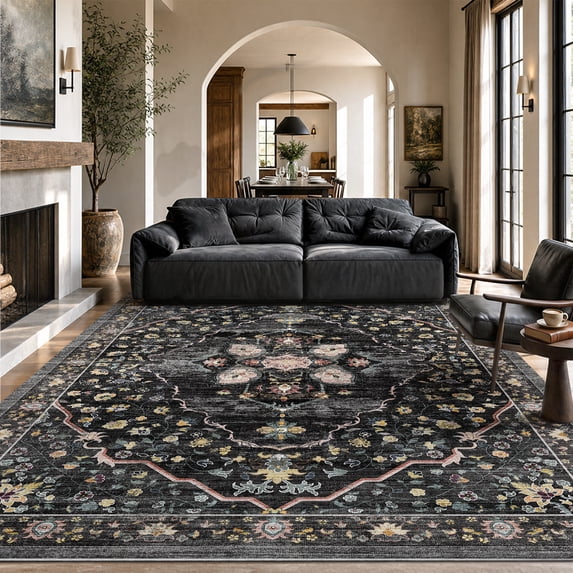 VUNATE 9'x12' Area Rugs for Living Room Washable Rugs Floral Vintage Area Rug Botanical Indoor Carpet Soft Rugs for Bedroom Office Dining Room Kitchen Accent Rug Contemporary Home Decor Black