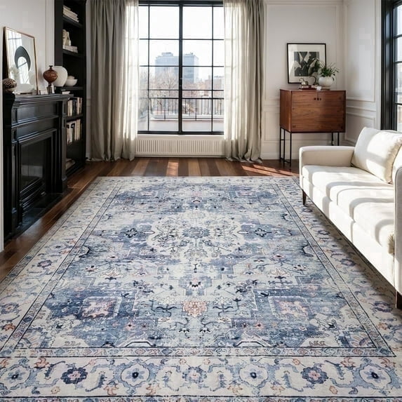 VUNATE 9'x12' Area Rugs for Living Room Washable Rugs Floral Vintage Area Rug Boho Indoor Carpet Soft Rugs for Bedroom Office Dining Room Kitchen Accent Rug Contemporary Home Decor Blue