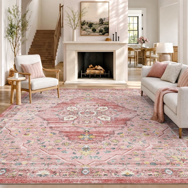 VUNATE 9'x12' Area Rugs for Living Room Washable Rugs Floral Vintage Area Rug Botanical Indoor Carpet Soft Rugs for Bedroom Office Dining Room Kitchen Accent Rug Contemporary Home Decor Pink