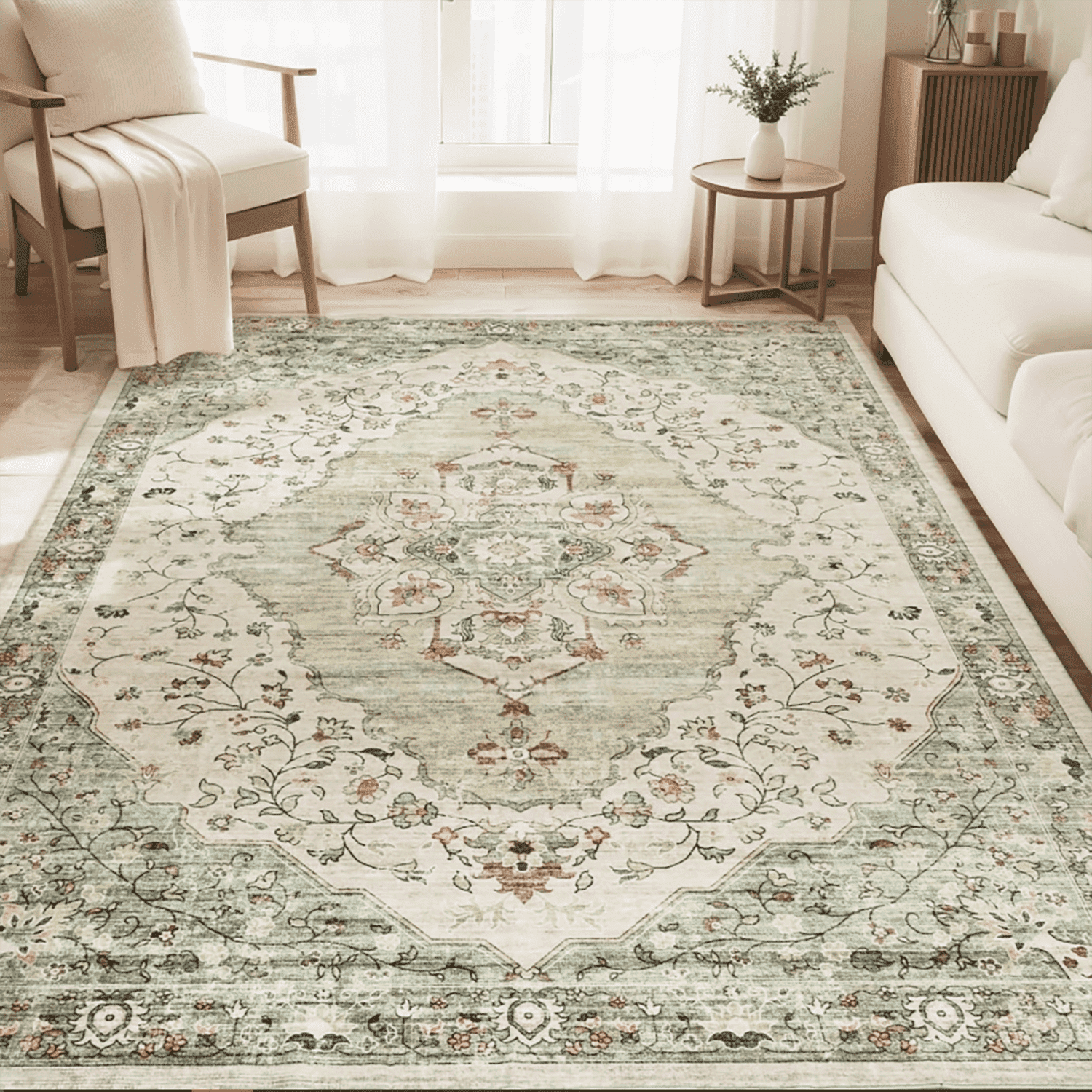 VUNATE 9'x12' Area Rugs for Living Room Washable Rugs Floral Vintage Area Rug Botanical Indoor Carpet Soft Rugs for Bedroom Office Dining Room Kitchen Accent Rug Contemporary Home Decor Green