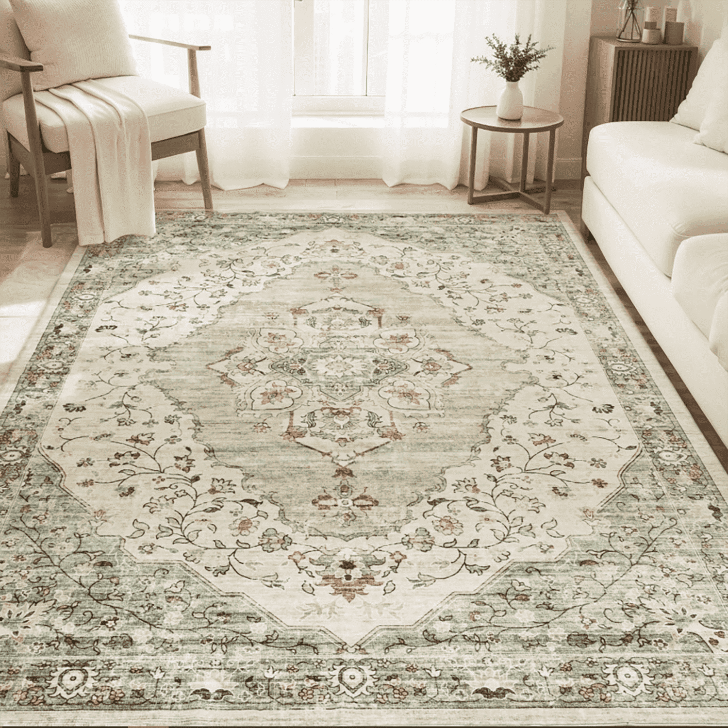 VUNATE 9'x12' Area Rugs for Living Room Washable Rugs Floral Vintage Area Rug Botanical Indoor Carpet Soft Rugs for Bedroom Office Dining Room Kitchen Accent Rug Contemporary Home Decor Green