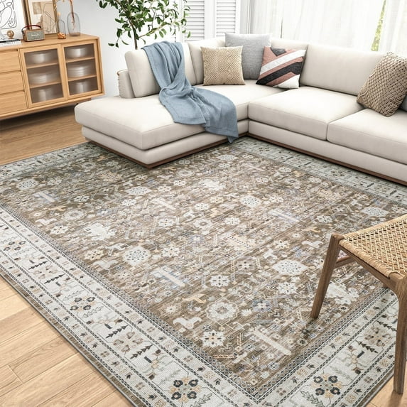 VUNATE Area Rug for Living Room 8'x10' Washable Rugs Non-Slip Vintage Boho Floral Carpet Soft Floor Rug for Bedroom Dinning Room Indoor Home Decor Brown