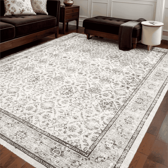 VUNATE Area Rugs for Living Room 8'x10' Washable Rugs for Bedroom Kitchen Oriental Carpet Non Slip Vintage Floral Distressed Floor Rug Accent Rug Grey