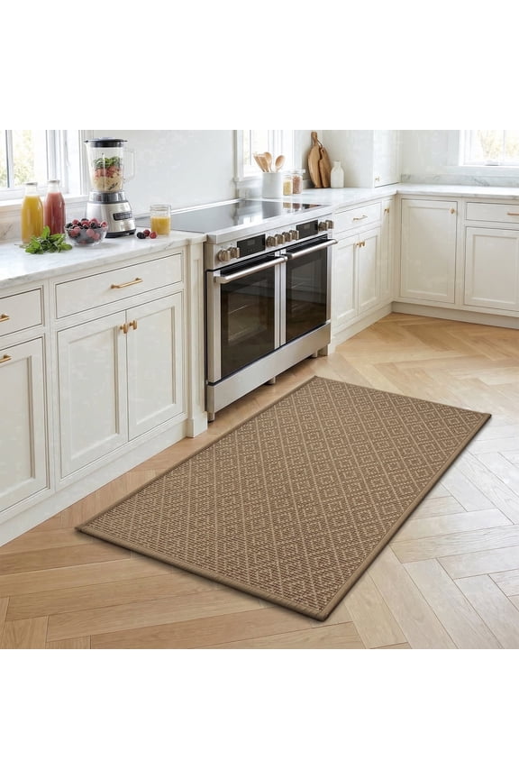 Kitchen Rugs 17"x30" Diamond Woven Non-Slip Kitchen Mat, Washable Absorbent Floor Rug with Durable Backing, Soft Low Profile Kitchen Rug for Sink Area, Entryway, Laundry Room Brown