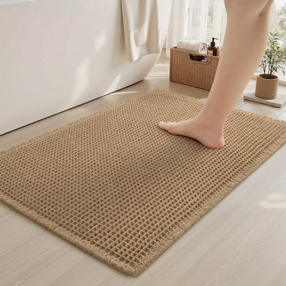 VUNATE Waffle Bathroom Rugs Ultra-Soft Non-Slip Bath Mat Super Absorbent Quick Dry Bath Rugs for Bathroom Floor Machine Washable Bathroom Mats with Tassels Boho Bathroom Decor 17"x24" Brown