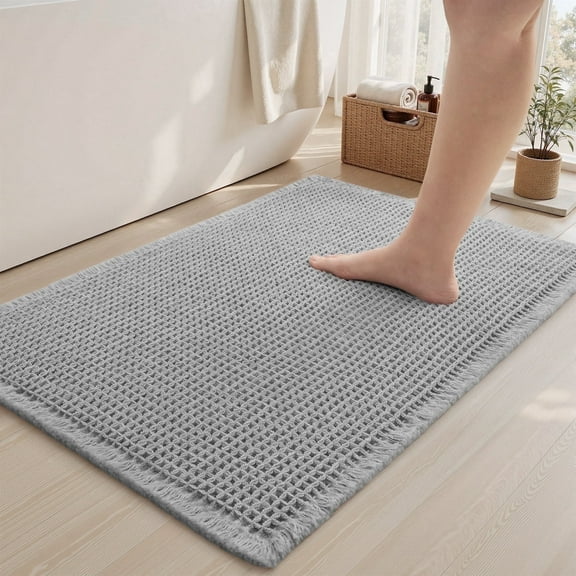 VUNATE Waffle Bathroom Rugs Ultra-Soft Non-Slip Bath Mat Super Absorbent Quick Dry Bath Rugs for Bathroom Floor Machine Washable Bathroom Mats with Tassels Boho Bathroom Decor 18"x30" Gray