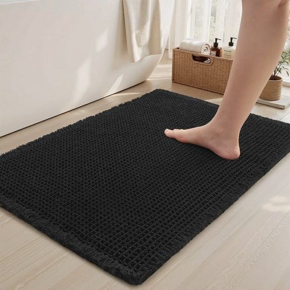 VUNATE Waffle Bathroom Rugs Ultra-Soft Non-Slip Bath Mat Super Absorbent Quick Dry Bath Rugs for Bathroom Floor Machine Washable Bathroom Mats with Tassels Boho Bathroom Decor 24"x36" Black