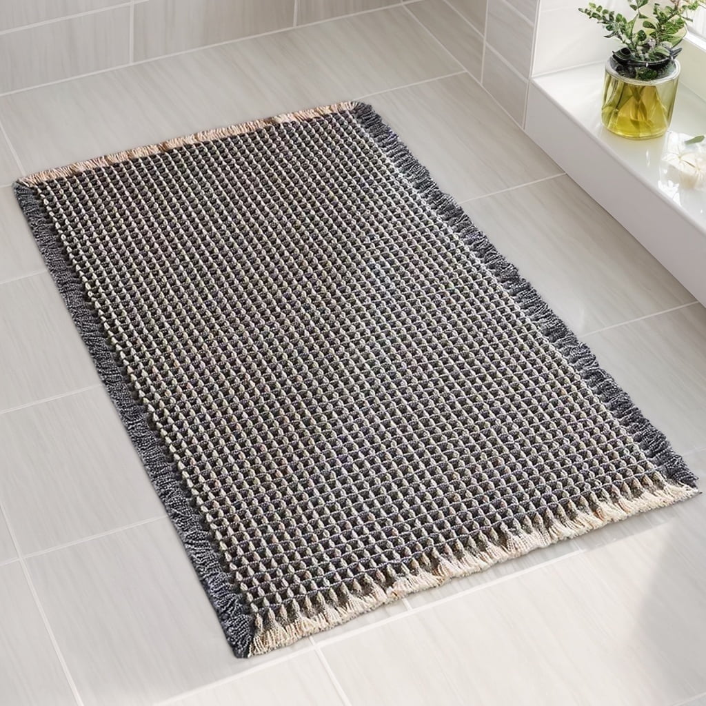 VUNATE Waffle Bathroom Rugs Ultra-Soft Non-Slip Bath Mat Super Absorbent Quick Dry Bath Rugs for Bathroom Floor Machine Washable Bathroom Mats with Tassels Boho Bathroom Decor 24"x36" Grey and Beige