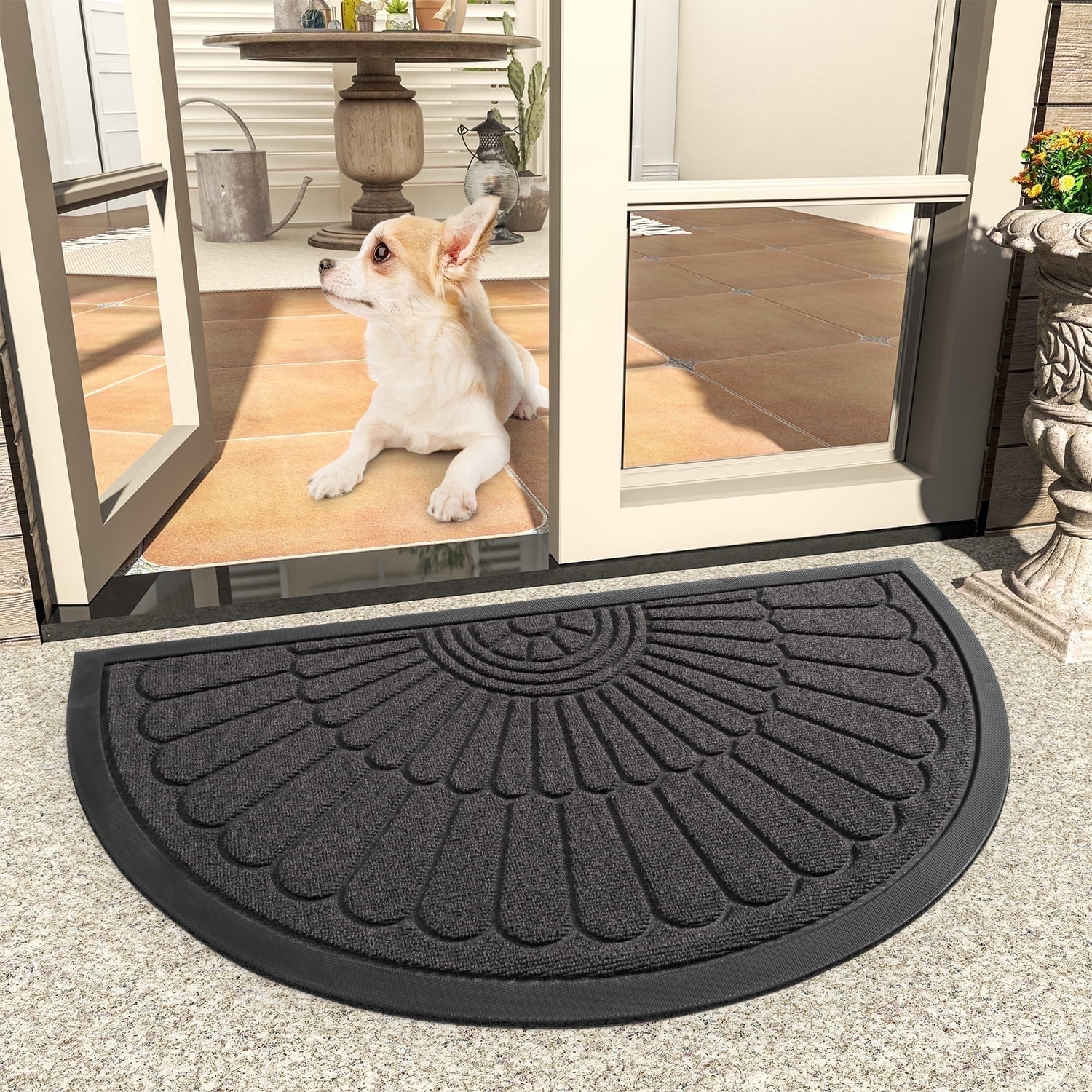 VUNATE Door Mat Outside Indoor Doormat Non Slip Rubber Welcome Mat Outdoor Mat for Front Door Entrance Absorbent Dirt Trapper Floor Mats for Home Low Profile Entry Rug Half Round Doormat 24"x35" Gray