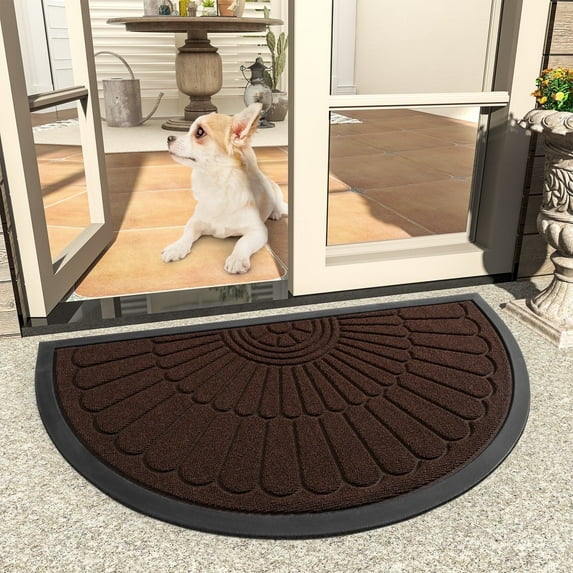 VUNATE Door Mat Outside Indoor Doormat Non Slip Rubber Welcome Mat Outdoor Mat for Front Door Entrance Absorbent Dirt Trapper Floor Mats for Home Low Profile Entry Rug Half Round 24"x35" Brown