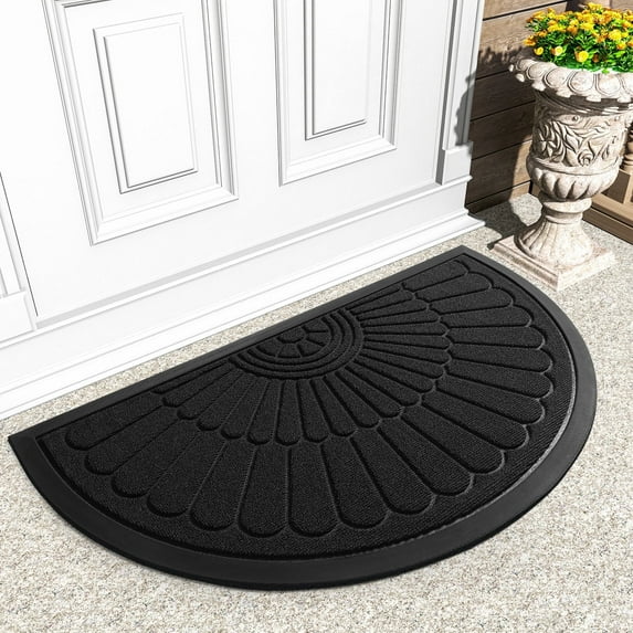 VUNATE Door Mat Outside Indoor Doormat Non Slip Rubber Welcome Mat Outdoor Mat for Front Door Entrance Absorbent Dirt Trapper Floor Mats for Home Low Profile Entry Rug Half Round 17"x30" Black