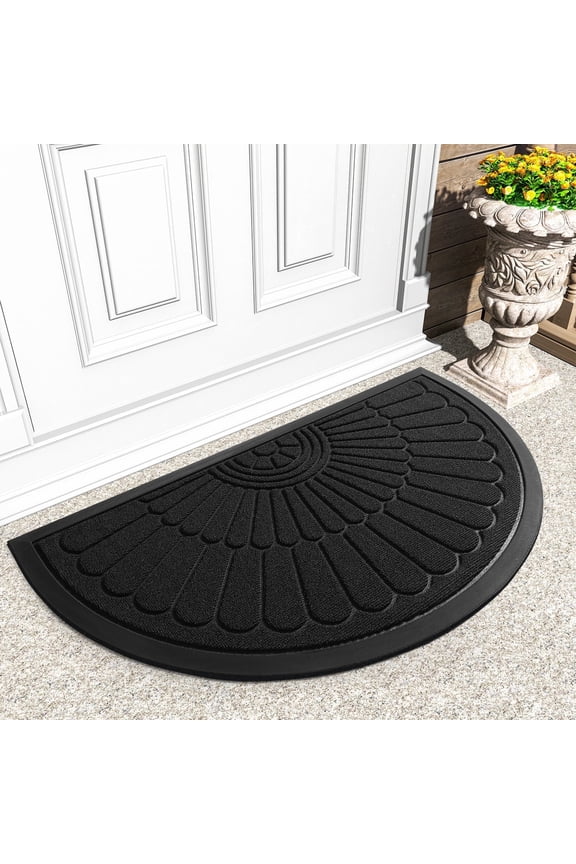 Door Mat Outside Indoor Doormat Non Slip Rubber Welcome Mat Outdoor Mat for Front Door Entrance Absorbent Dirt Trapper Floor Mats for Home Low Profile Entry Rug Half Round 17"x30" Black