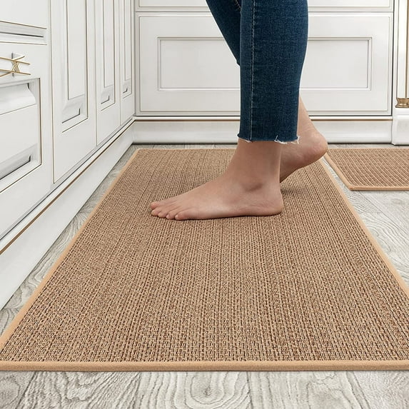 VUNATE Kitchen Mat Set Non Slip Kitchen Rugs and Mats 2PCS Rubber Kitchen Floor Runner Rug 17"x30"+17"x47" Washable Kitchen Rugs Set Front of Sink Hallway Laundry Room Oats Beige