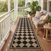 VUNATE Outdoor Rugs Carpet 2'x8' Jute Rug Boho Checkered Washable Patio Rug Distressed Modern Braided Area Rugs Black Indoor Outdoor Rugs for Living Room Entryw