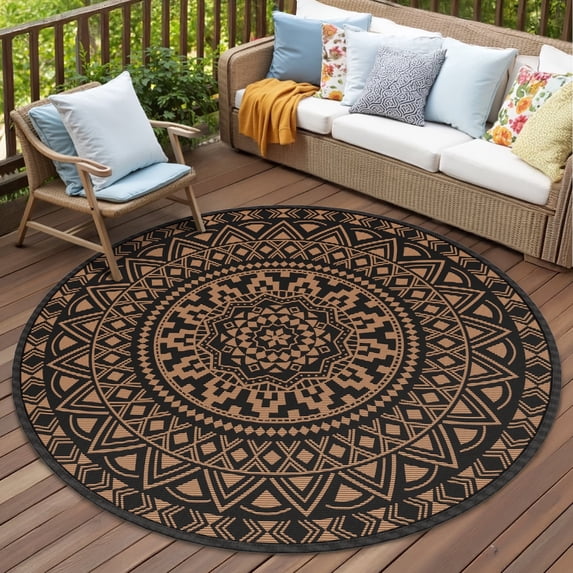 VUNATE Outdoor Rug 10'x10' Round Patio Rug Waterproof Woven Plastic Indoor Outdoor Mat for Picnic RV Porch Camping Reversible Lightweight Boho Outside Rug Black and Brown