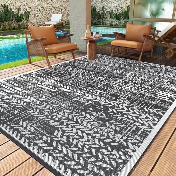 VUNATE Outdoor Rug 10'x14' with LED Lights Waterproof Carpet Patio Rug Plastic Indoor Outdoor Rug Portable Modern Large Straw Mat for Picnic RV Camping Porch Garden Picnic Deck Black and White