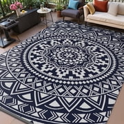 VUNATE Outdoor Rug 5'x8' Patio Rug Waterproof Woven Plastic Indoor Outdoor Mat for Picnic RV Porch Camping Reversible Lightweight Boho Outside Rug Blue and Gray